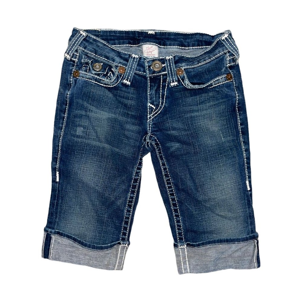 True Religion Distressed Dark Wash Flap Pockets Cuffed Bermuda Shorts Womens 27